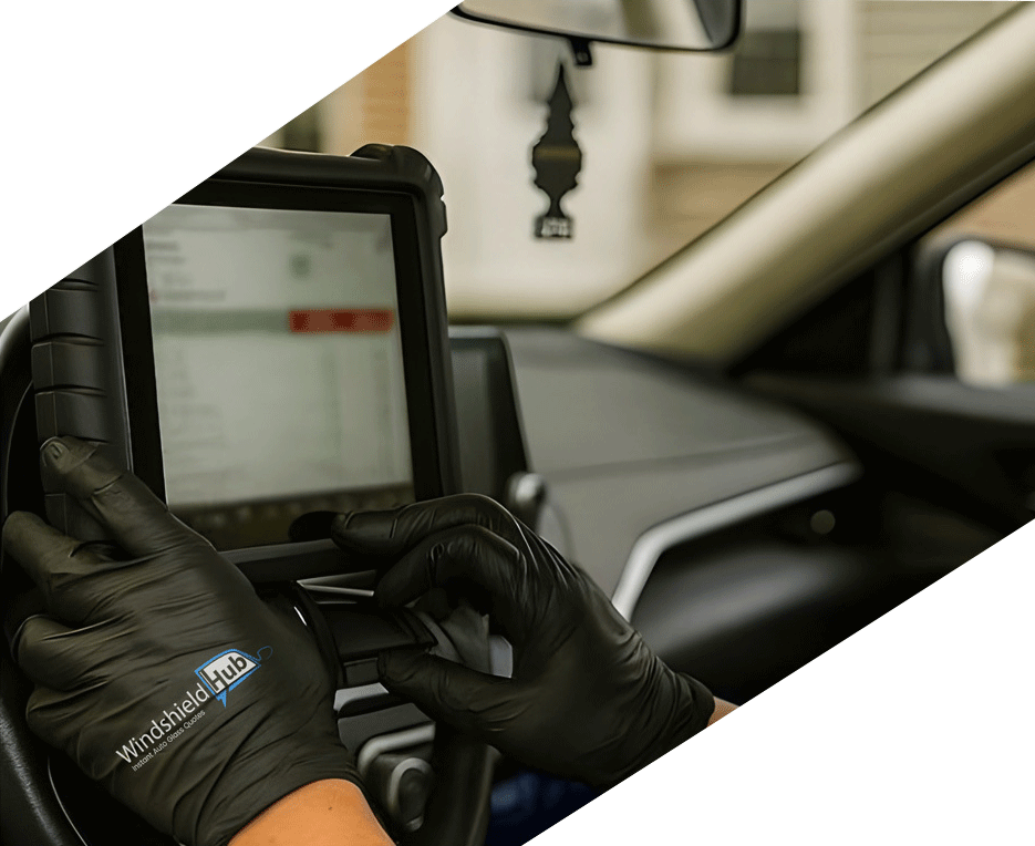WindshieldHUB technician performing mobile ADAS calibration in Mcallen using a diagnostic tablet inside a customer's vehicle