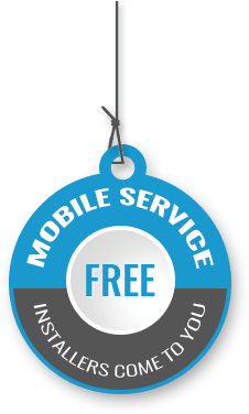 A circular tag with a blue and gray design, text reads MOBILE SERVICE at the top and INSTALLERS COME TO YOU at the bottom in white letters. The center has a white circle with FREE in blue letters