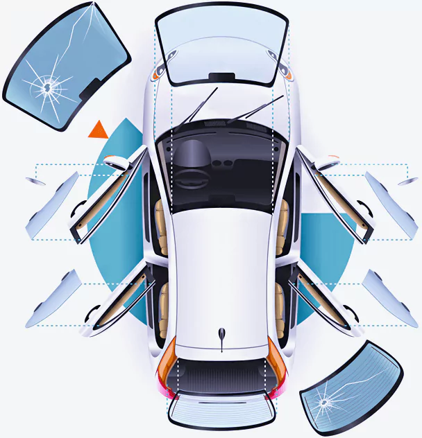 Top view illustration of a white car with all doors, the trunk, and the hood open. The image highlights various repairable parts of a vehicle, including the windshield, side windows, and rear window