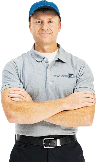 WindshieldHUB technician with gray uniform, arms crossed