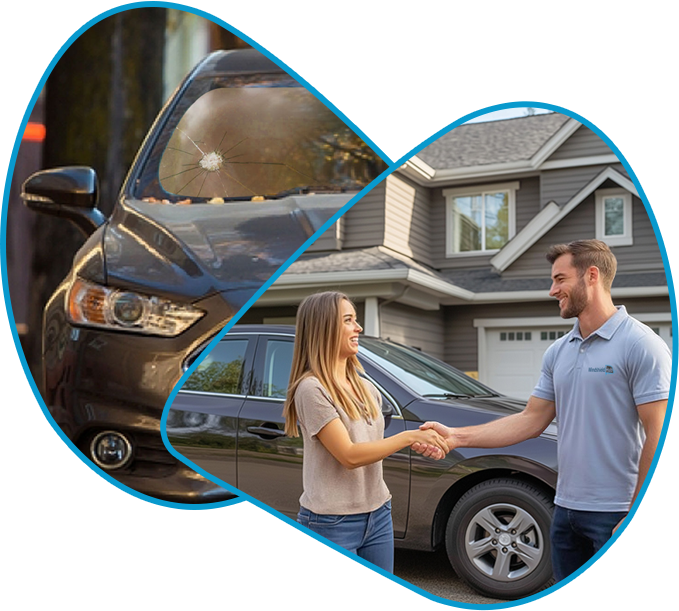 Cracked windshield before replacement and satisfied customer after mobile service in Midland