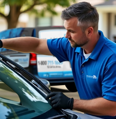 Certified technician setting a new windshield during mobile auto glass service in Midland