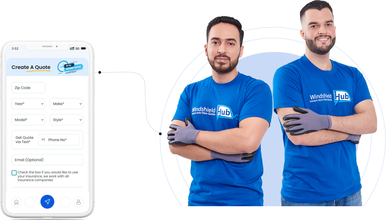 Two WindshieldHUB technicians ready for mobile windshield replacement service and WindshieldHUB mobile quote form on a phone screen in Midland